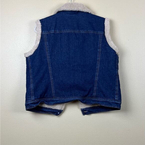 Vintage Liz Claiborne Jeans Denim Vest Sherpa Dark Blue Cream Cottton Size L - Picture 3 of 8